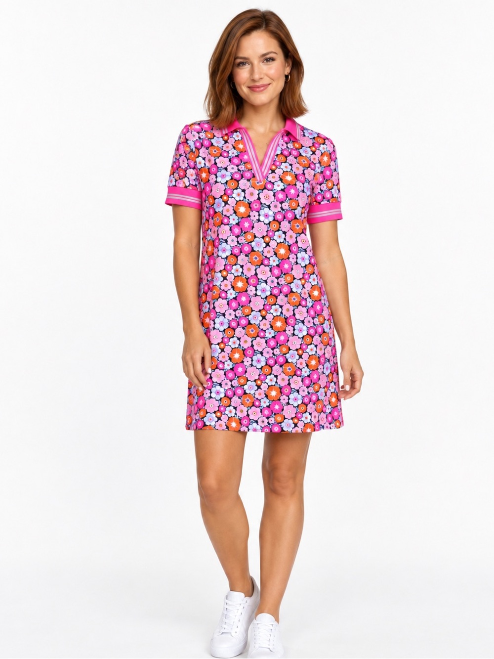 SSYS Pink Floral Print Puff Short Sleeve Collared Scuba Dress Size M